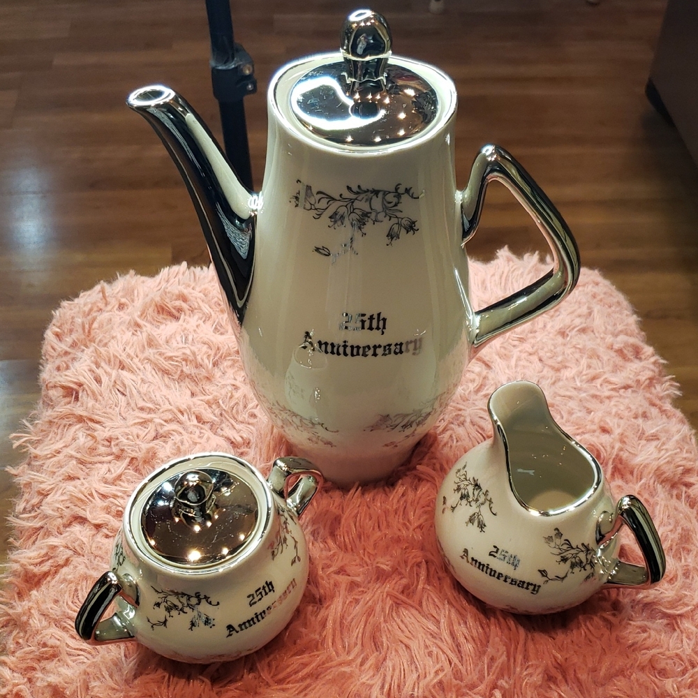 Vitage Elegant 25th Anniversary Tea Set with Silver Accents